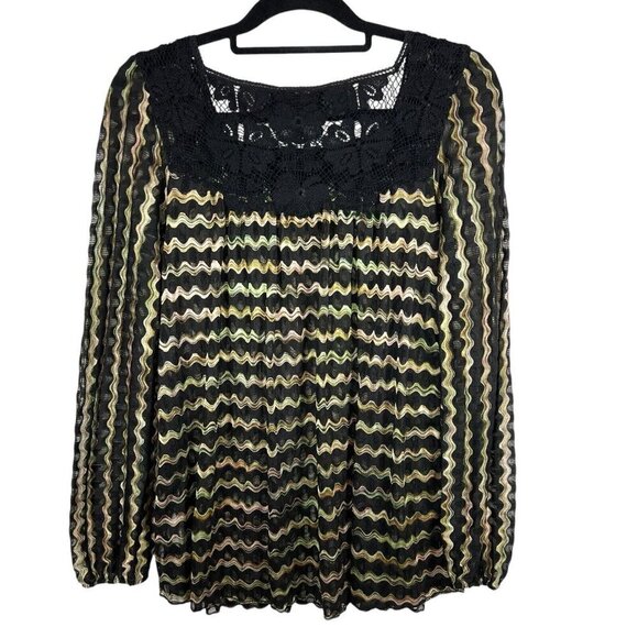New Romantics Free People Chevron Knit Crochet Lace Beaded Blouse Loose Sz Small - Picture 2 of 10